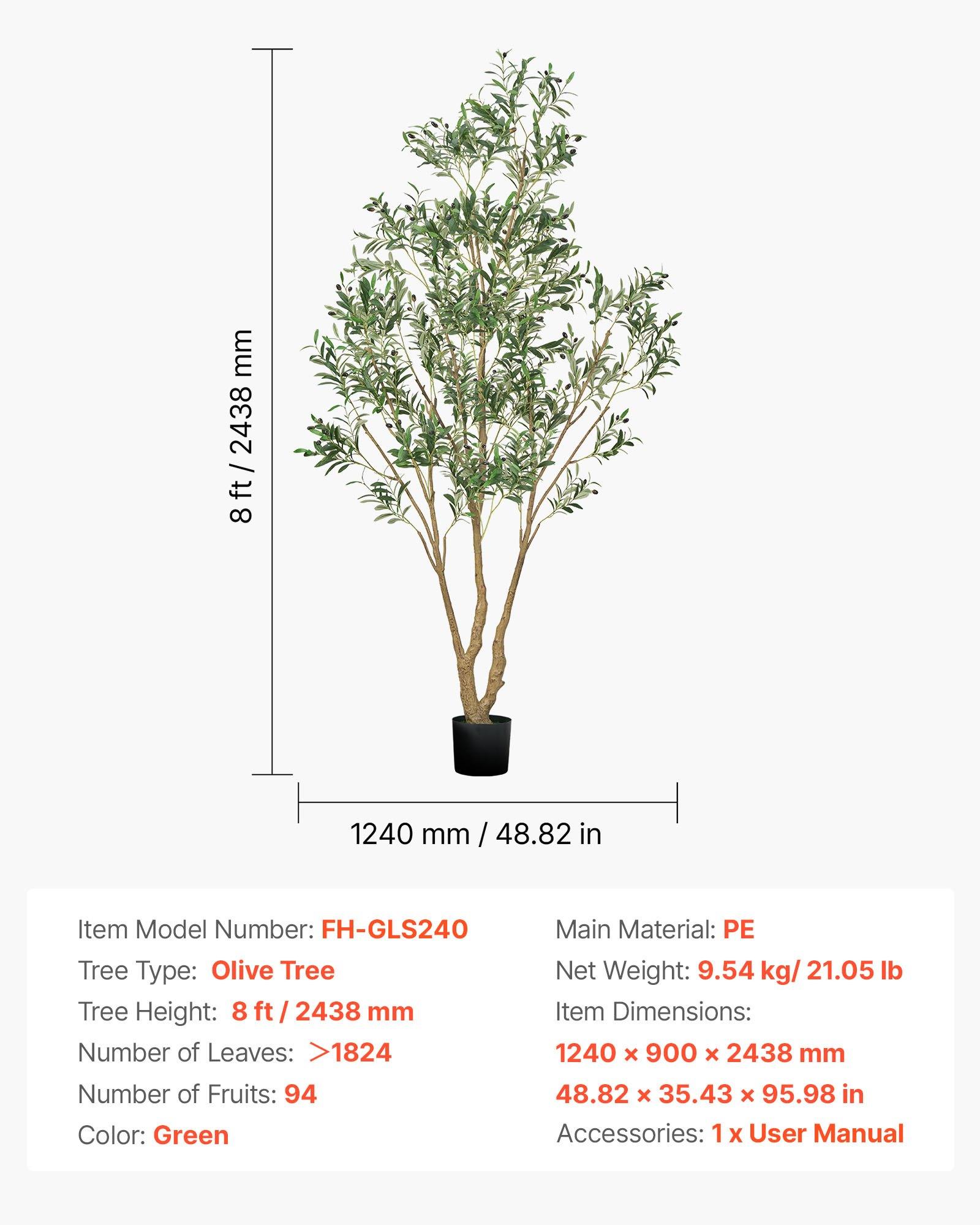 VEVOR 8FT Artificial Olive Tree with Black Pot, Tall Fake Tree with Natural Wood Trunk & Realistic Green Leaves and Fruits, Indoor Faux Plant for Home, Office, Living Room, Corner Decor