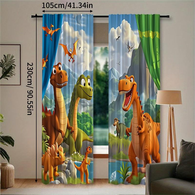 Dinosaur Curtains Set of 2, Cartoon Dinosaur Bedroom Decor, Cute Fun Colorful Wildlife Art Print Living Room Curtains