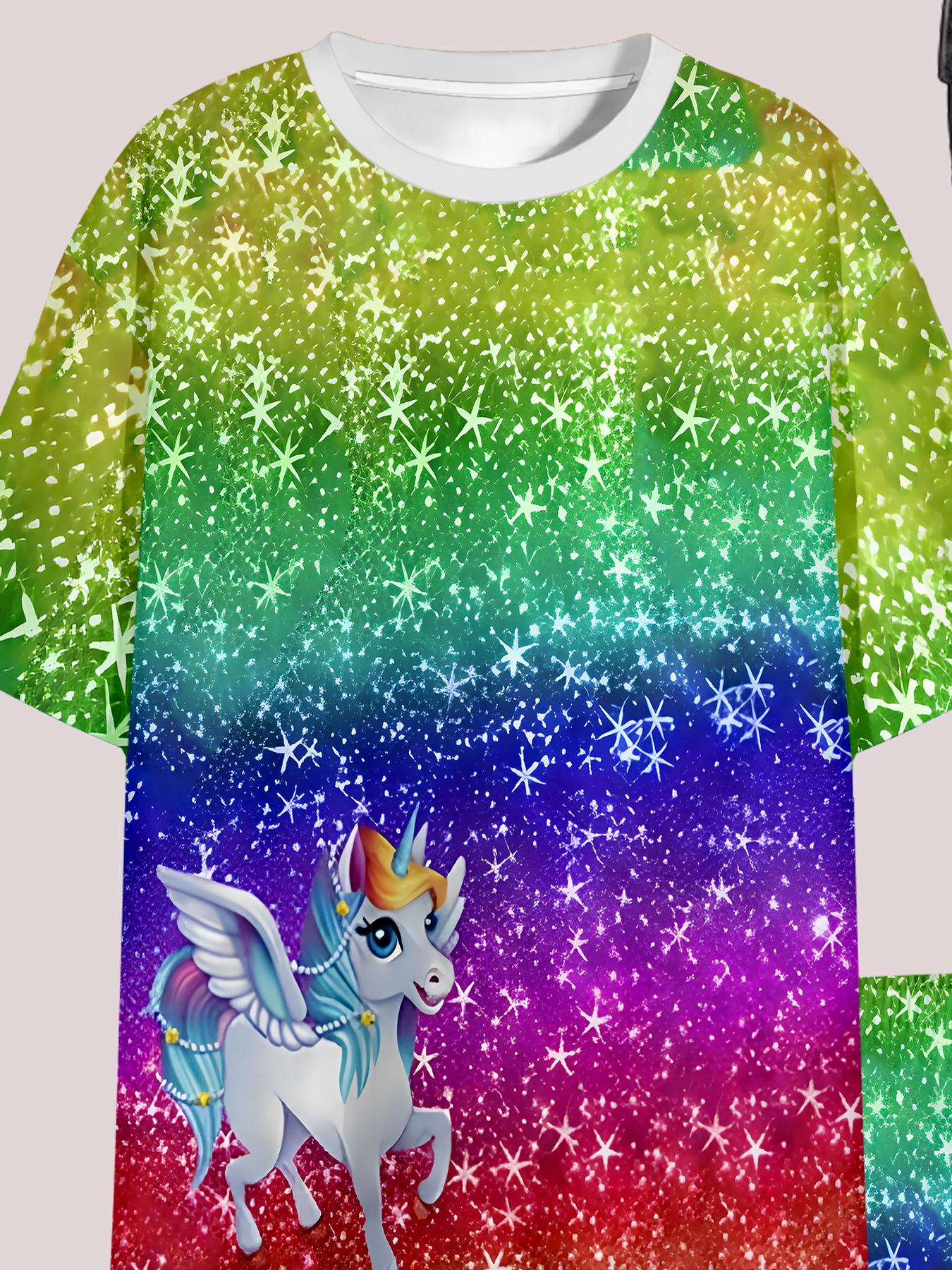 Girls Summer Rainbow Gradient Unicorn Set, Kids Dreamy Galaxy Pegasus Short Sleeve & Shorts Two-Piece Outfit