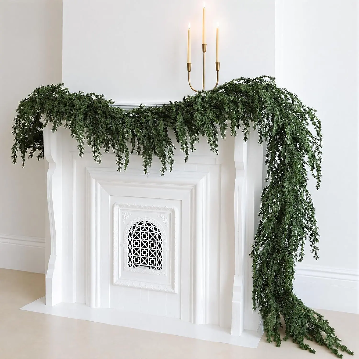 Update 9ft Christmas Norfolk Pine Garland, Real  Greenery Decorations |  Full  Looking Soft Textured Lush Norfolk Pine for Mantel Fireplace Table Front Door Porch Stairs Xmas Indoor Decor