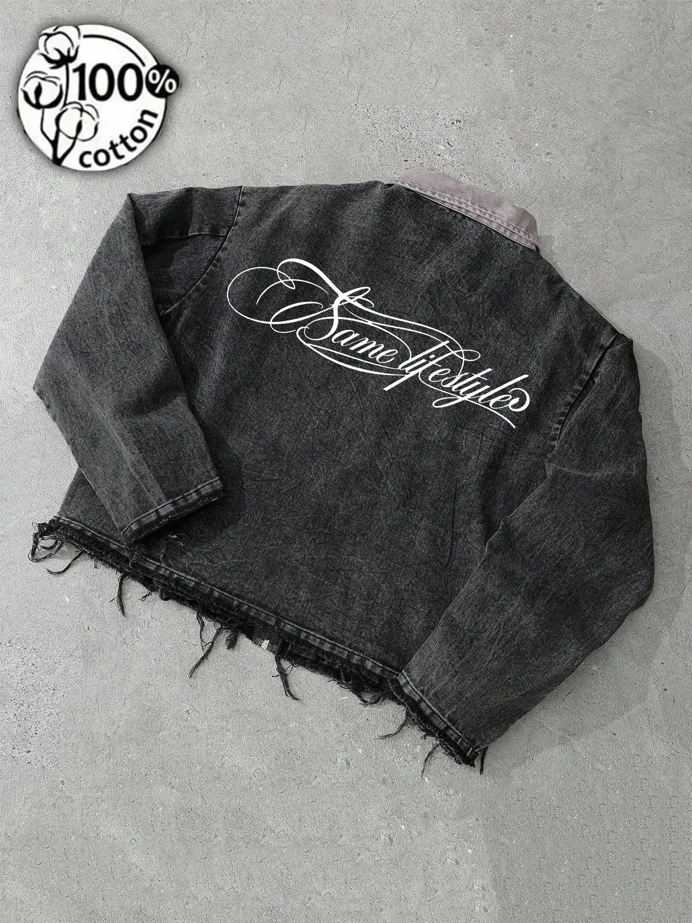 Men's Vintage Washed Black Same Lifestyle Script Print Denim Jacket, Raw Hem Oversized Button Up Streetwear Coat for Fall and Winter#MensDenimJacket #WashedBlackDenim #ScriptPrint #SameLifestyle#BackPrintJacket#RawHemJacket #OversizedJacket#ButtonUpJacket
