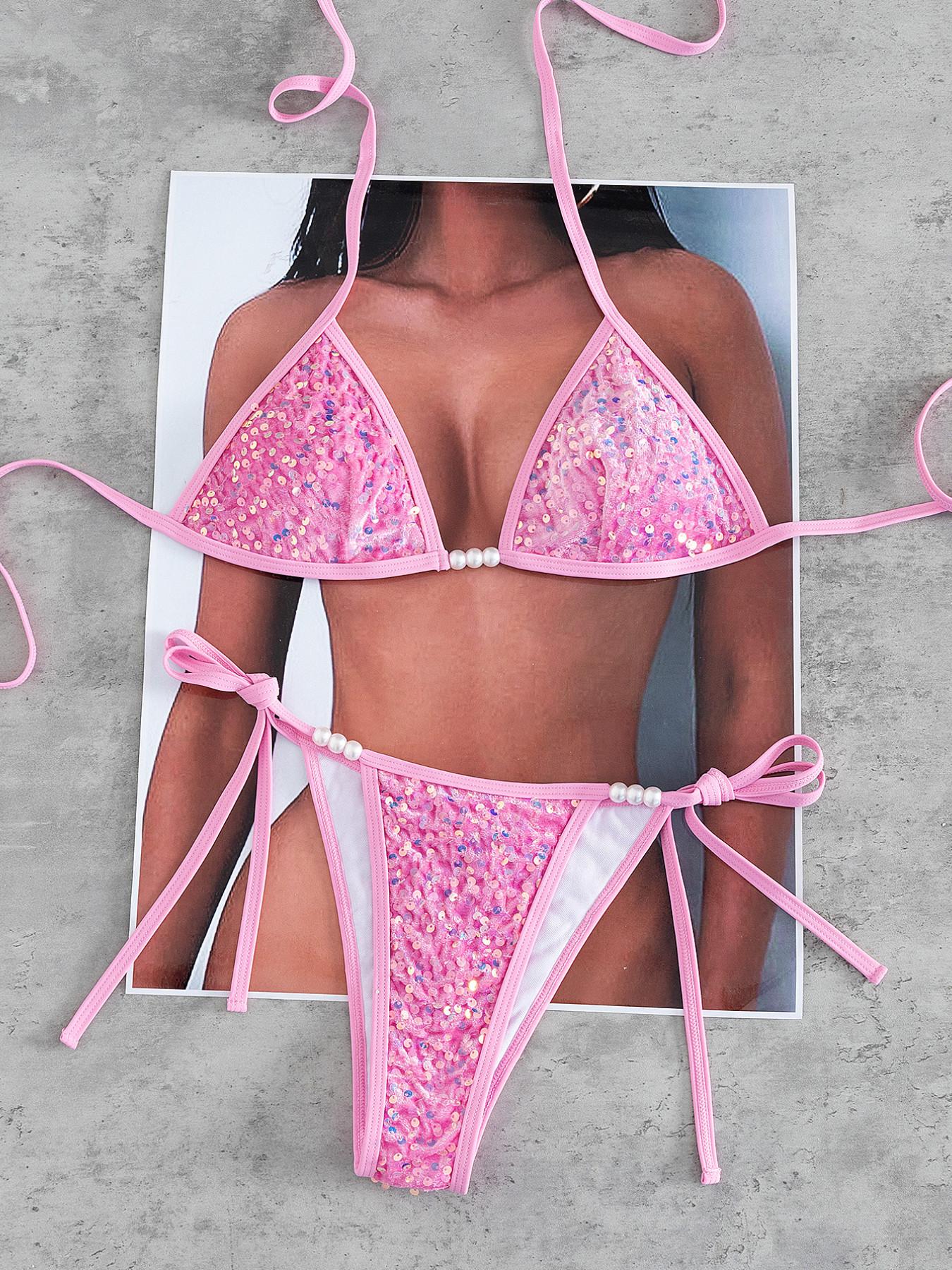 Women's Sequined Halter Bikini Set, Elegant Twist Back Tie Beaded Swimwear, Perfect for Resort Beach Evening Date Summer