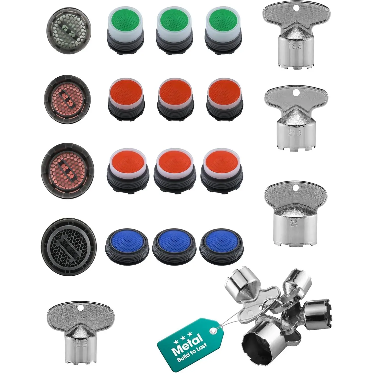 16-Piece Faucet Aerator Replacement Kit with 4 Zinc Alloy Keys| Includes 12 inserts in M16.5, M18.5, M21.5 and M24, plus four non-slip zinc alloy keys for select cache aerators.