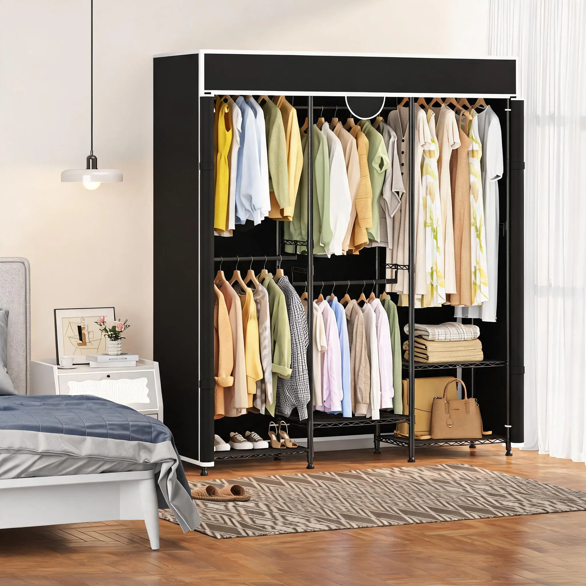 Heavy Duty Portable Closet – 1100 LBS Capacity Carbon Steel Rack with Zippered Dustproof Cover, Adjustable Shelves & Rod