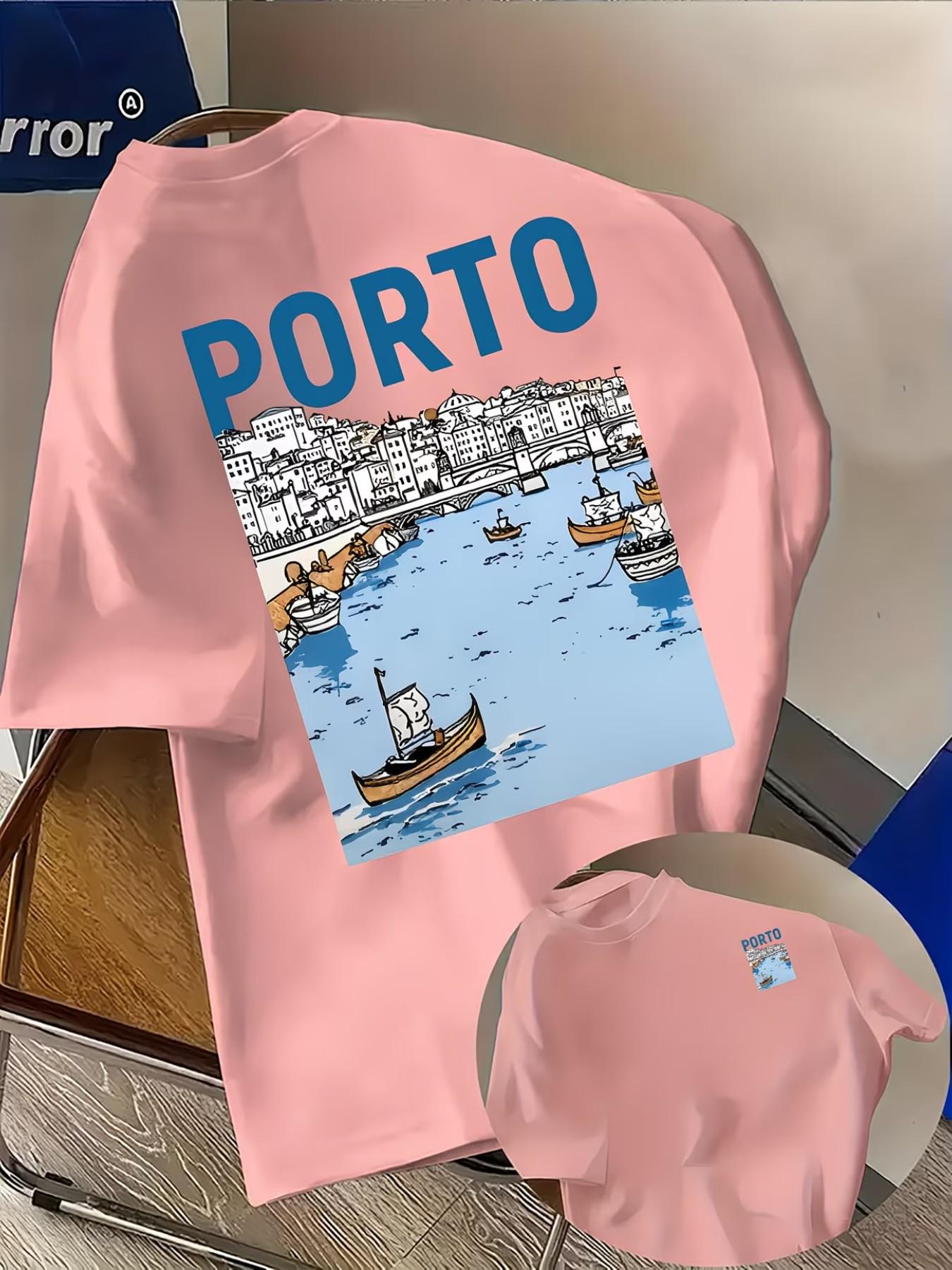Men's Fashion T-Shirt 'porto' Letter Creative Pattern, Comfortable All Seasons, Loose Fit, Double-Sided Print
