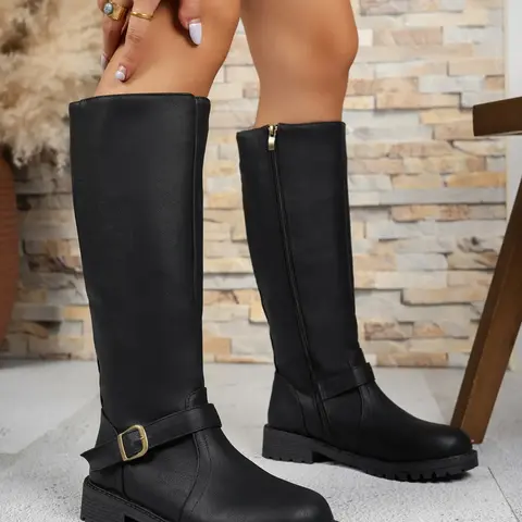 Women's Fashion Low Heel Long Boots, Casual Western Cowboy Boot Motorcycle Style, Round Toe Zipper Design, Perfect for Daily Wear, Boots Heels, Footwear