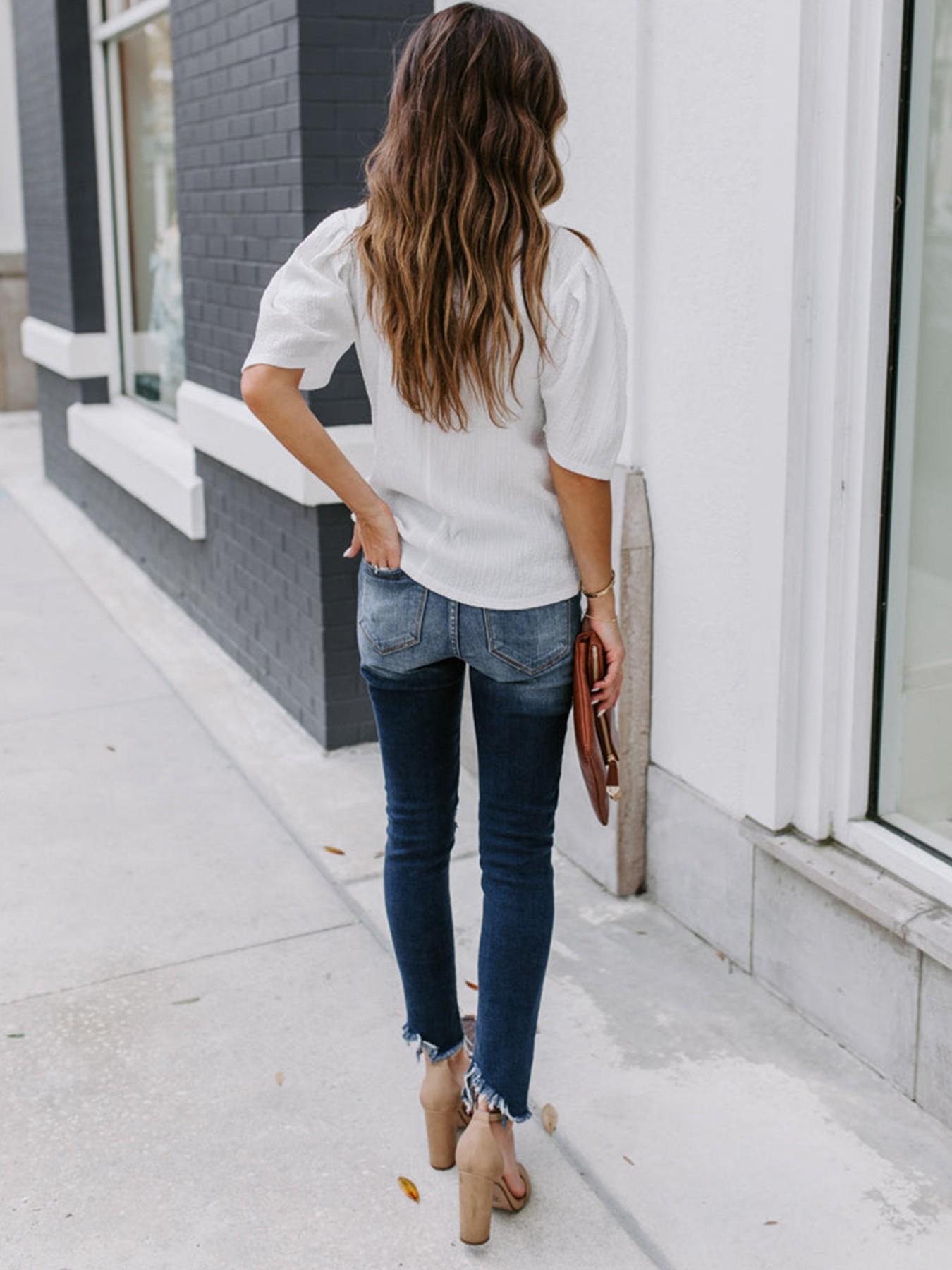 French Bubble Sleeve Solid Color T-Shirt for Women, Summer Simple Round Neck Short Sleeve Top, European and American Style Casual Basic Shirt