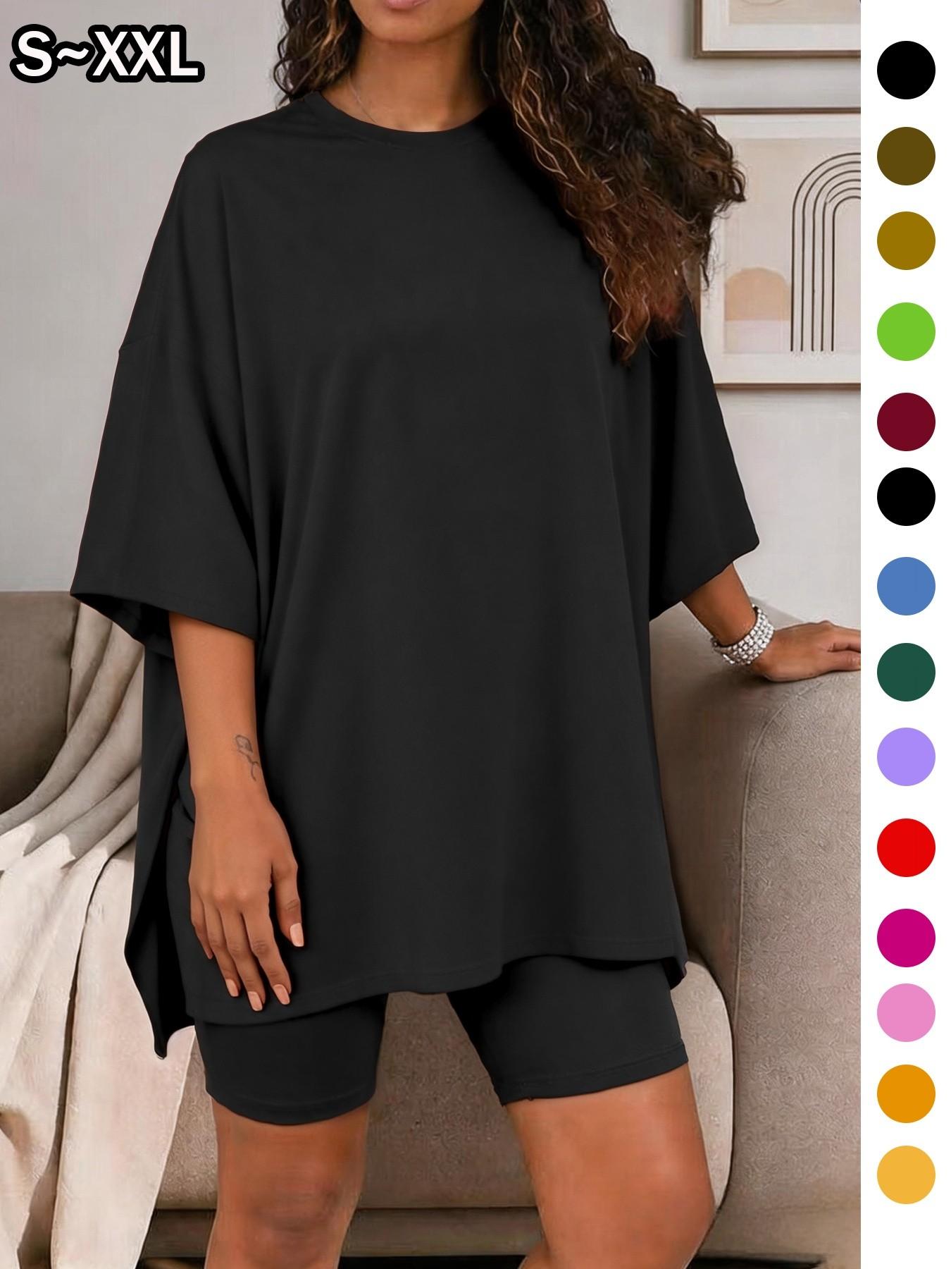 Women's Solid Color T-Shirt and Tight Shorts Set Loungewear, Summer Comfort Round Neck Pajamas, Casual Pocket Design, Suitable for Outdoor Wear