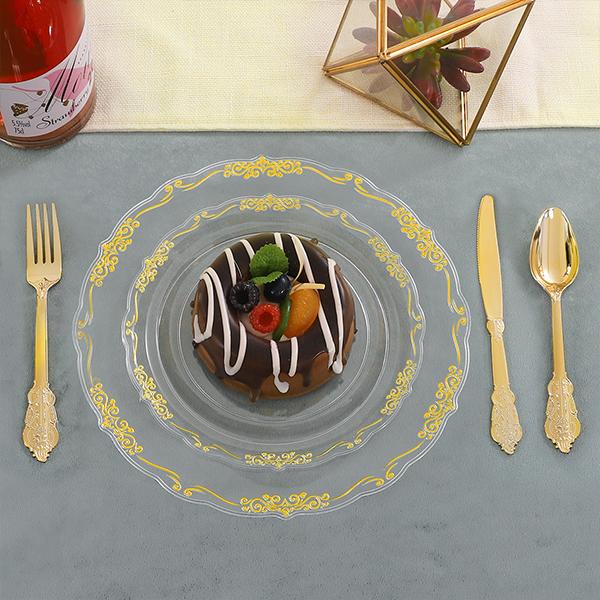 White Gold/Clear Gold/White Silver/Black Gold Plates ware Set: Dinner Plates,Dessert Plates, Cups,Napkins,Knife, forks, spoons-Perfect for Party