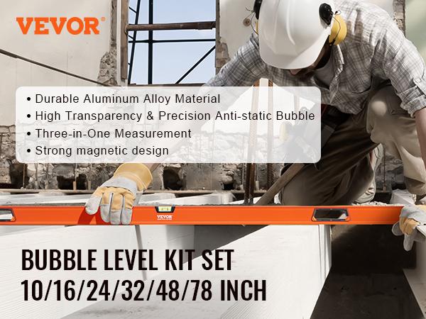 VEVOR Magnetic Torpedo Level, 78/48/32/24/16/10 in Mechanical Level Set, Bubble Vials Ruler for 45/90/180 Degree, Aluminum Alloy Leveler Tool w/ Viewing Window, Shock-Resistant for Plumbing, Wood