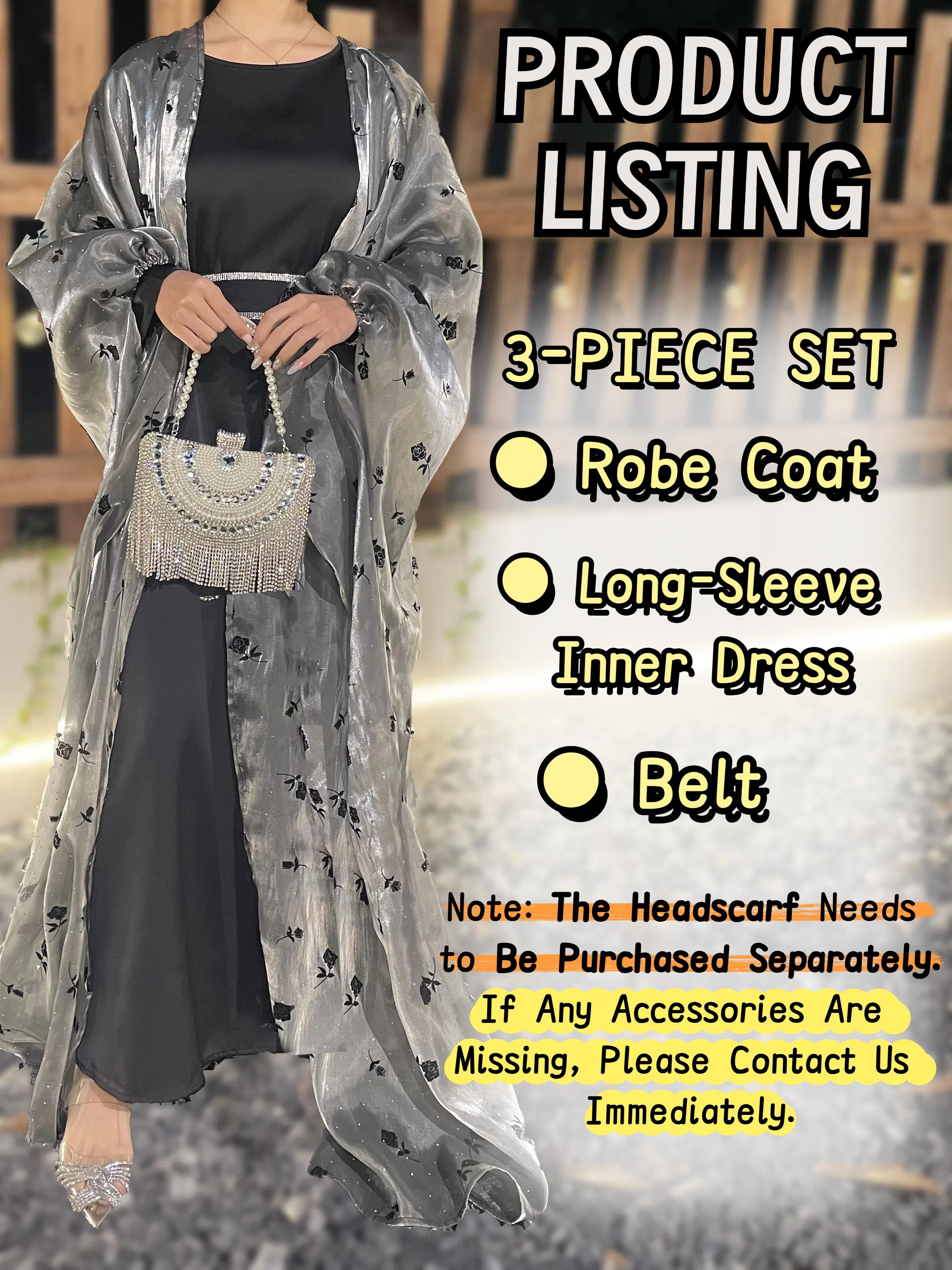 CL44 Organza Rose flower shiny abaya set, butterfly abaya with inner dress and crystal embellished belt,suitable for any occasions,Formal Chic【Fashionweek】 Modest Women