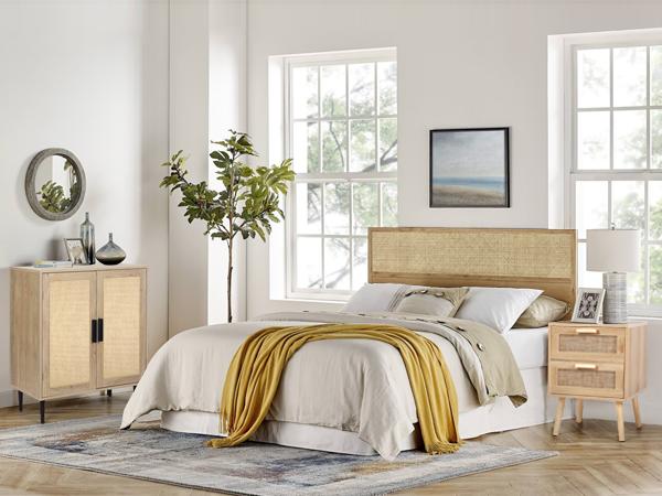 VOWNER Rattan Nightstand, End Table with 2 Drawers and Solid Wood Legs, Side Table with Storage for Bedroom, Easy Assembly Night Stand for Kids Room