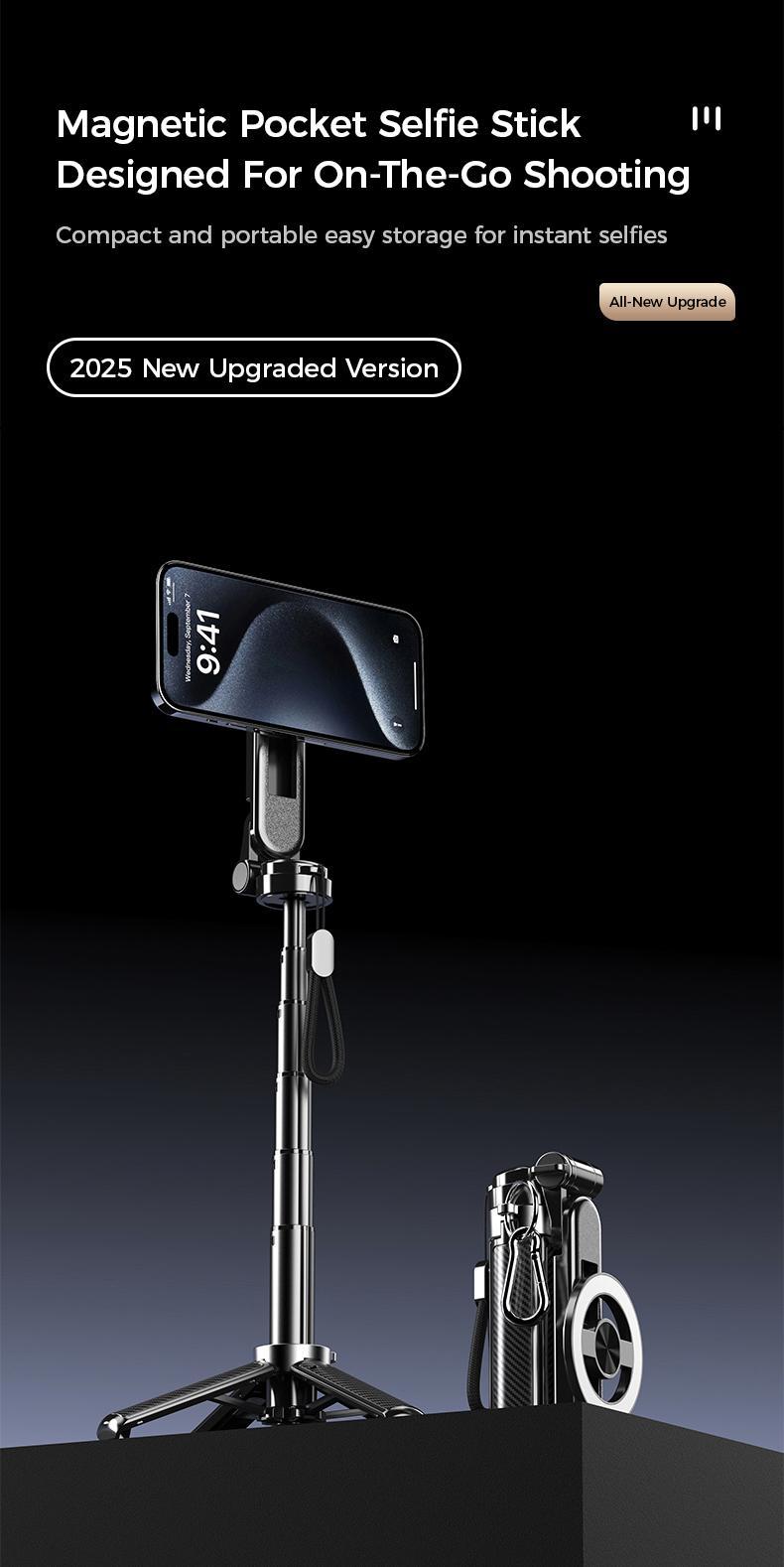 2026 New 4-in-1 Multifunctional Magnetic Selfie Stick 360° Rotation Compact Stylish with Wireless Bluetooth Control Magnetic Phone Holder for Selfies Video Recording Vlogging Compatible with Most Phone Modes Tripod Stabilizer ，Max extend to 14.96 inches