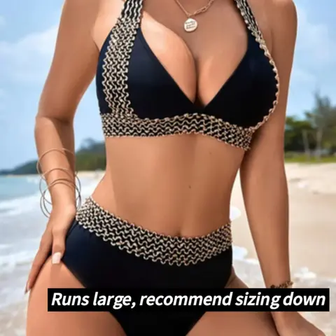 Summer Women's Triangle Swim Top & Contrast Sequin Swim Bottom for Summer, Tie Back Halter Neck Bikini Set, Women's Swimsuit for Beach Holiday, Bathing Suits, Swimsuit Set for Women, Swimsuit Style Bikini, Swimsuits Bikinis, Bikini Beach Wear