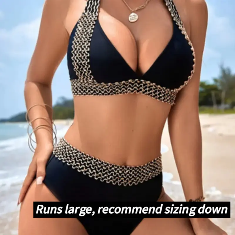 Summer Women's Triangle Swim Top & Contrast Sequin Swim Bottom for Summer, Tie Back Halter Neck Bikini Set, Women's Swimsuit for Beach Holiday, Bathing Suits, Swimsuit Set for Women, Swimsuit Style Bikini, Swimsuits Bikinis, Bikini Beach Wear