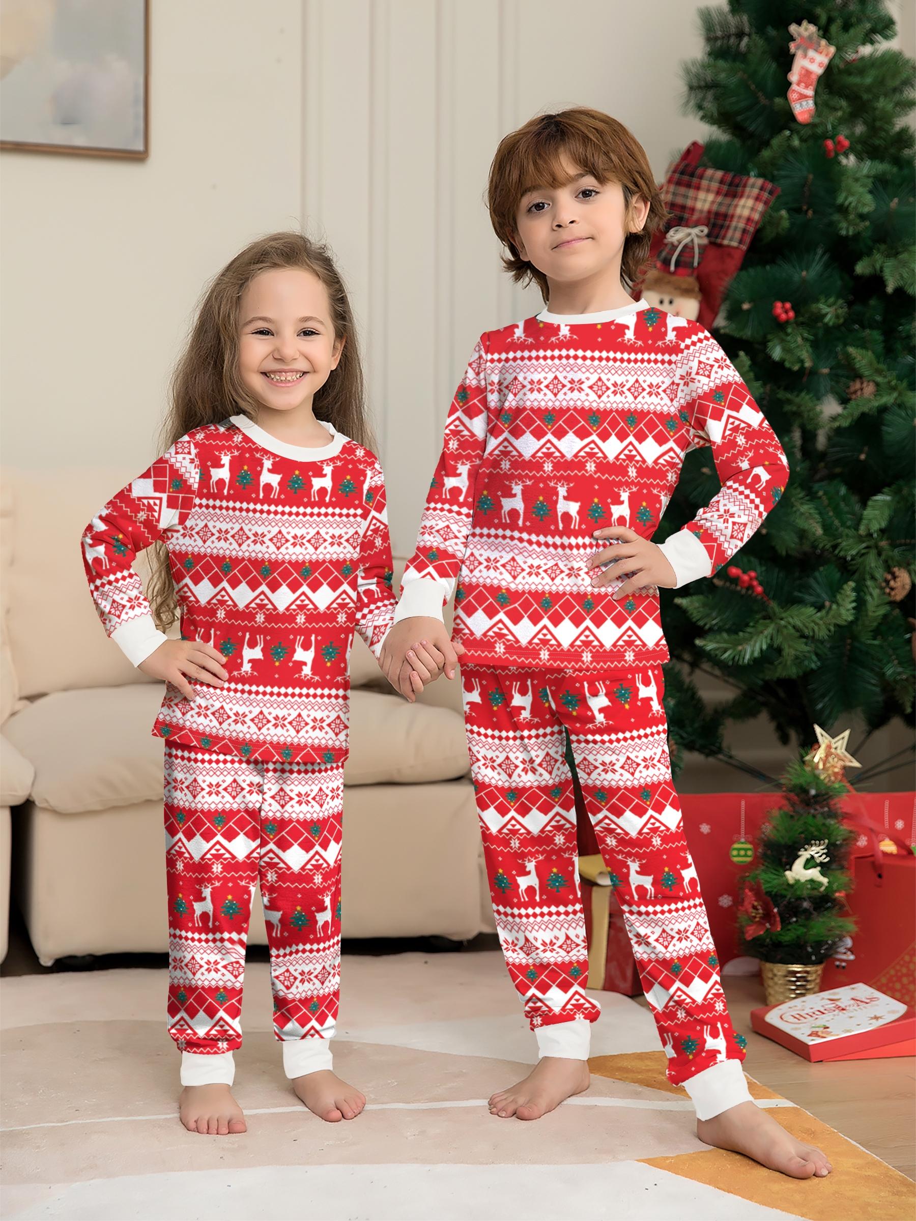Red White Fair Isle Reindeer Snowflake Matching Family Christmas Pajama Set, All Over Print Crew Neck Long Sleeve Sleepwear with Cream Cuffs, Soft Cuffed Loungewear for Adults Kids Couple, Xmas Family Matching Outfits for Family of 3 & 4