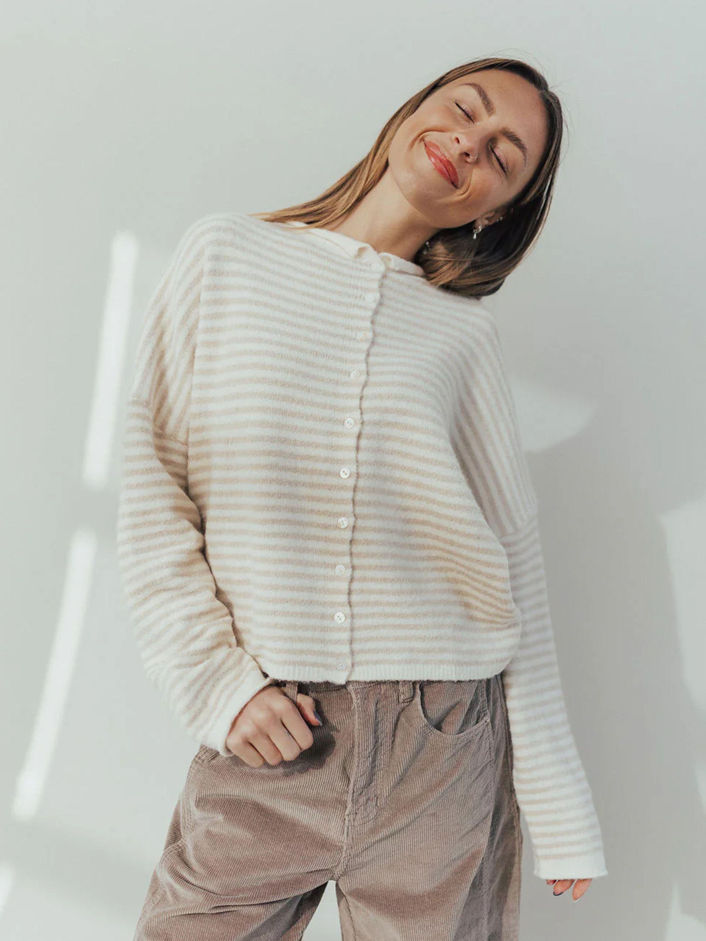 Women's Striped Casual Long Sleeve Loose Knit Sweater, Tops, Lightweight Fall & Winter Fashion, Button Front Open Front Design