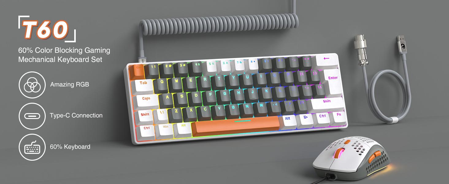 ZIYOU LANG T60 Wired Rainbow Backlit Mechanical Gaming Keybaord and Mouse Combo, 62 Keys Mini Portable Keyboard, 6400 DPI RGB Homeycomb Mouse, with Coiled Aviator C Cable for PC/WIN Gamer