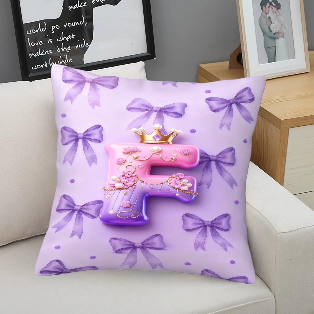 Purple 3D Letter A-Z Crown Throw Pillow 1 Pc with Insert, Soft Comfortable Square Cushion with Zipper Closure for Sofa Chair & Bedroom, Exclusive Customization with Initials Gift, Princess Style Home Decor