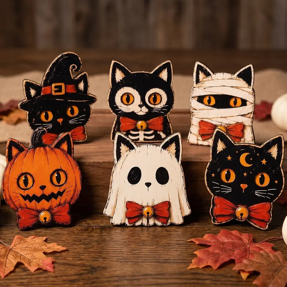 Vintage Halloween Decorations, Retro Wooden Shelf Decor, Cute Ghost, Pumpkin, Cat, Skull, Witch Owl, Moving Gift