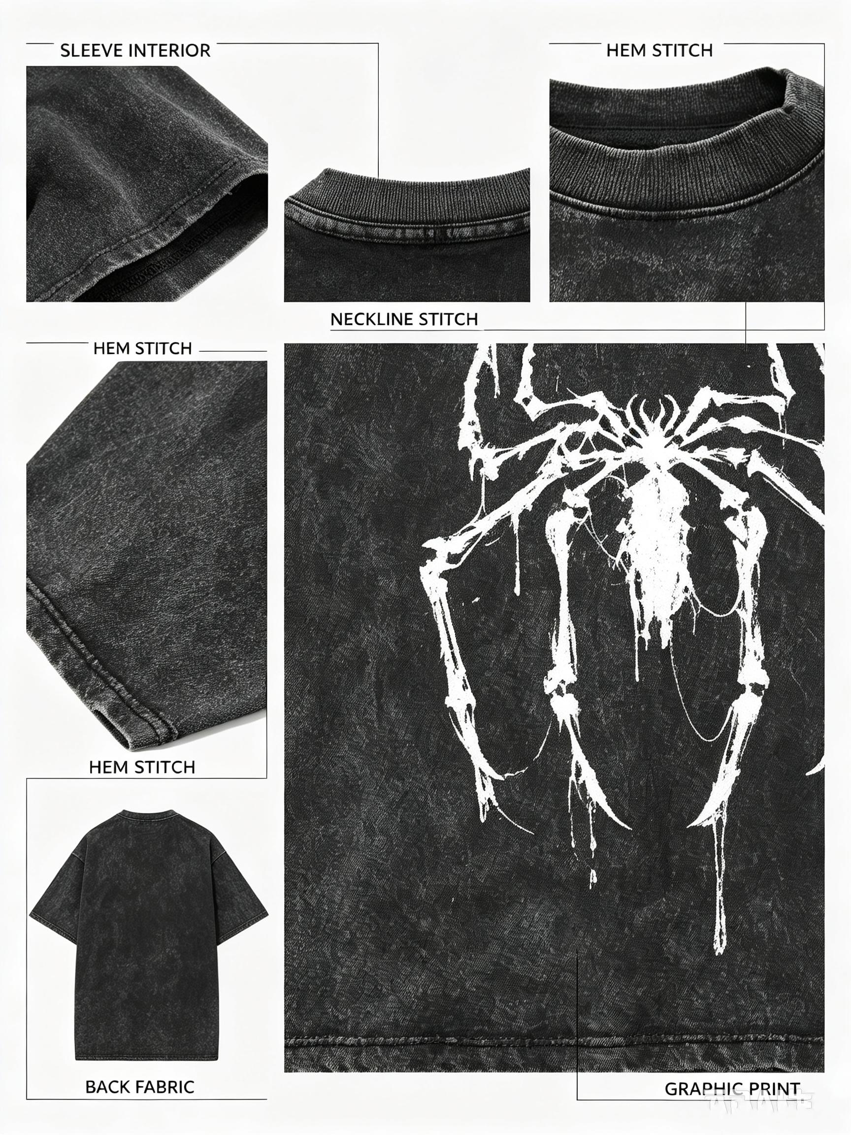 Unisex Acid Wash Spider Graphic Tee Heavyweight Cotton Oversized Boxy Fit Shirt Dark Streetwear Goth Vintage Tops Y2K Streetwear Tee