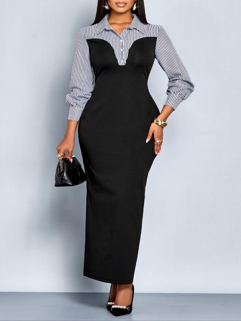 Women's Elegant Striped Patchwork Maxi Dress, Fall Winter Long Sleeve High-Waisted Fitted A-Line Skirt, Casual Daily Wear