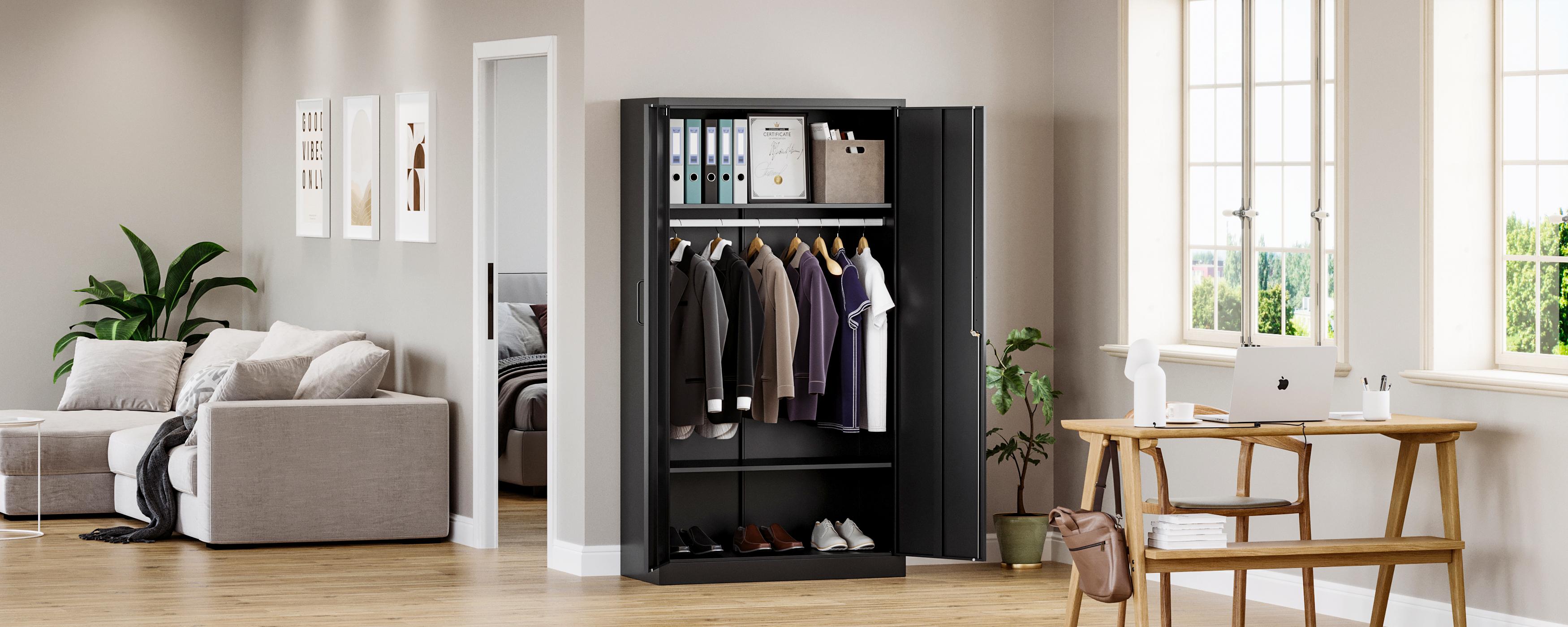 Letaya Metal Wardrobe BLack Cabinets with Lock, Clothing Locker 72" X 36" X 18" for Home, Fire Department, School, Employee, Gym, Government