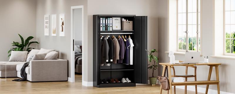 Letaya Metal Wardrobe BLack Cabinets with Lock, Clothing Locker 72" X 36" X 18" for Home, Fire Department, School, Employee, Gym, Government