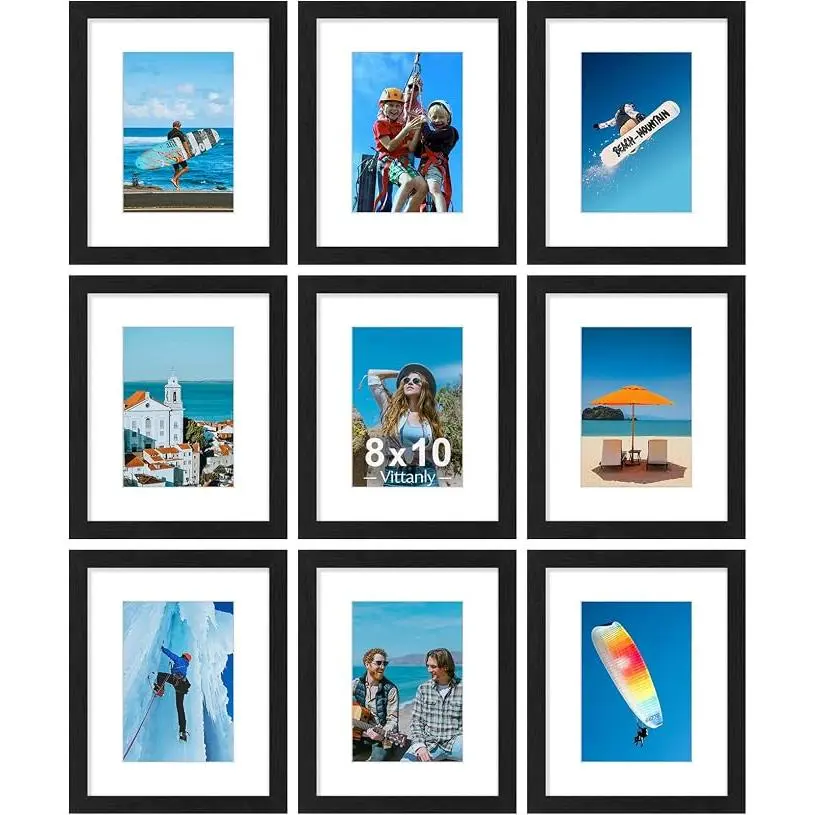 8x10 Picture Frames Set of 9 for Wall or Tabletop Display, Black,Display Pictures 5x7 with Mat or 8x10 without Mat, Small Photo Frames, Engineered Wood with Shatter Resistant Plexiglass,Acrylic Stand magnetic frames