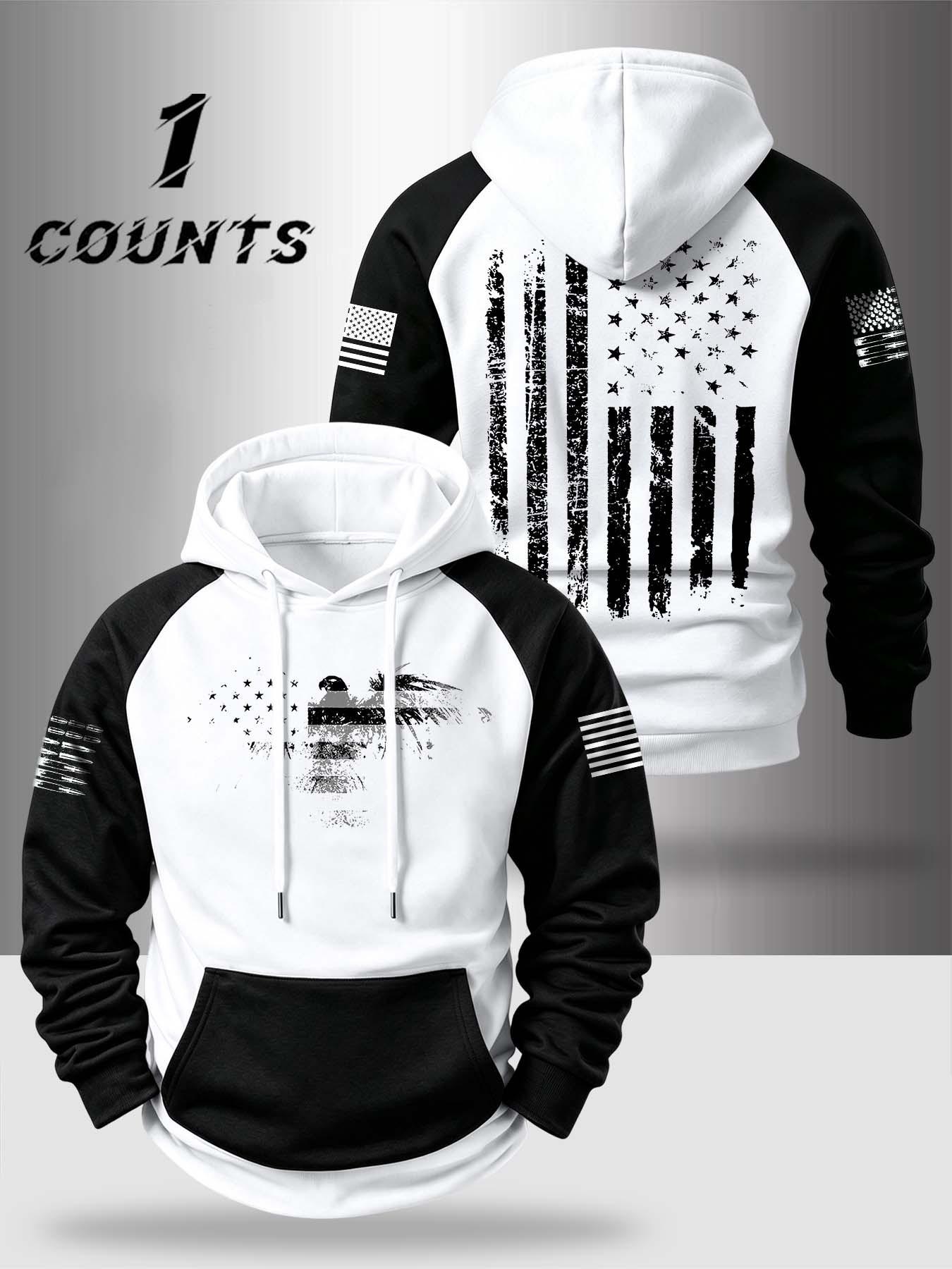 Autumn Winter Design Zipper Thickened Long Sleeve Hoodie, Pocket Portable Fashion Patchwork Colorblock Vintage Eagle Flag Pattern Comfortable Casual Streetwear Sweatshirt