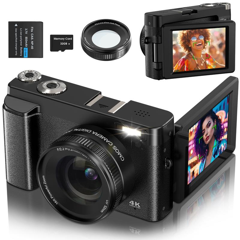 DC101 Digital Camera, 4K Video Recording & 48MP Auto Focus Camera, 180 Degree Flippable Display Camera, 16X Magnification Digital Camera with 32G Memory Card, Ideal Gift for Photography Beginners