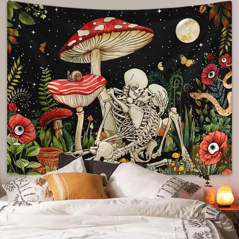 Skeleton Kissing Lovers Wall Tapestry | Vintage Red Mushroom Floral Moon Star Banner | Trippy Hippie Goth Tapestries for Girls Bedroom College Dorm Decor