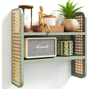2-Tier Rattan Shelf, Green Rattan Bookshelf Wall Mounted, Woven Display Shelf, Decorative Boho Shelves for Entryway, Nursery,, Living Room