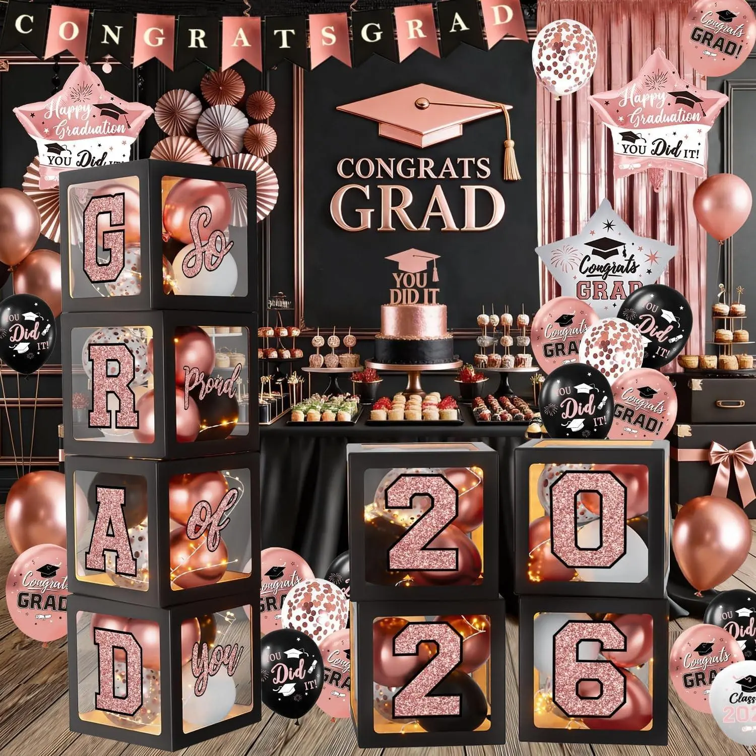 Rose Gold Graduation Decorations 2026, Pink Graduation Decorations Set of 4 Balloons Boxes with Letters 2026 GRAD So Proud of You, Congrats Grad Decorations for High School & College