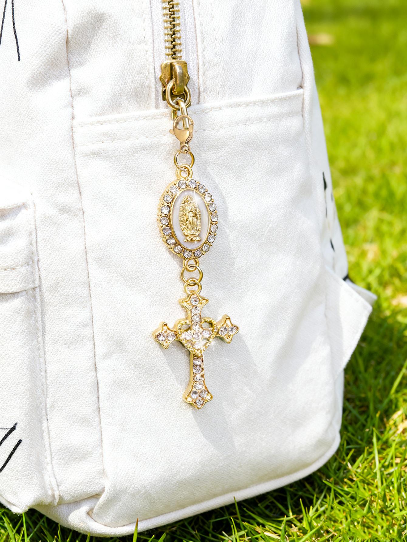 Christian Amulet Keychain With Love And Rhinestone Cross, Pendant Decorated With The Virgin Mary, Pearl And Diamond Amulet - Gothic Cross Keychain, Keychain For Bags, Bag Amulet, Cross Pendant, Decorative Wallet Backpack Accessories