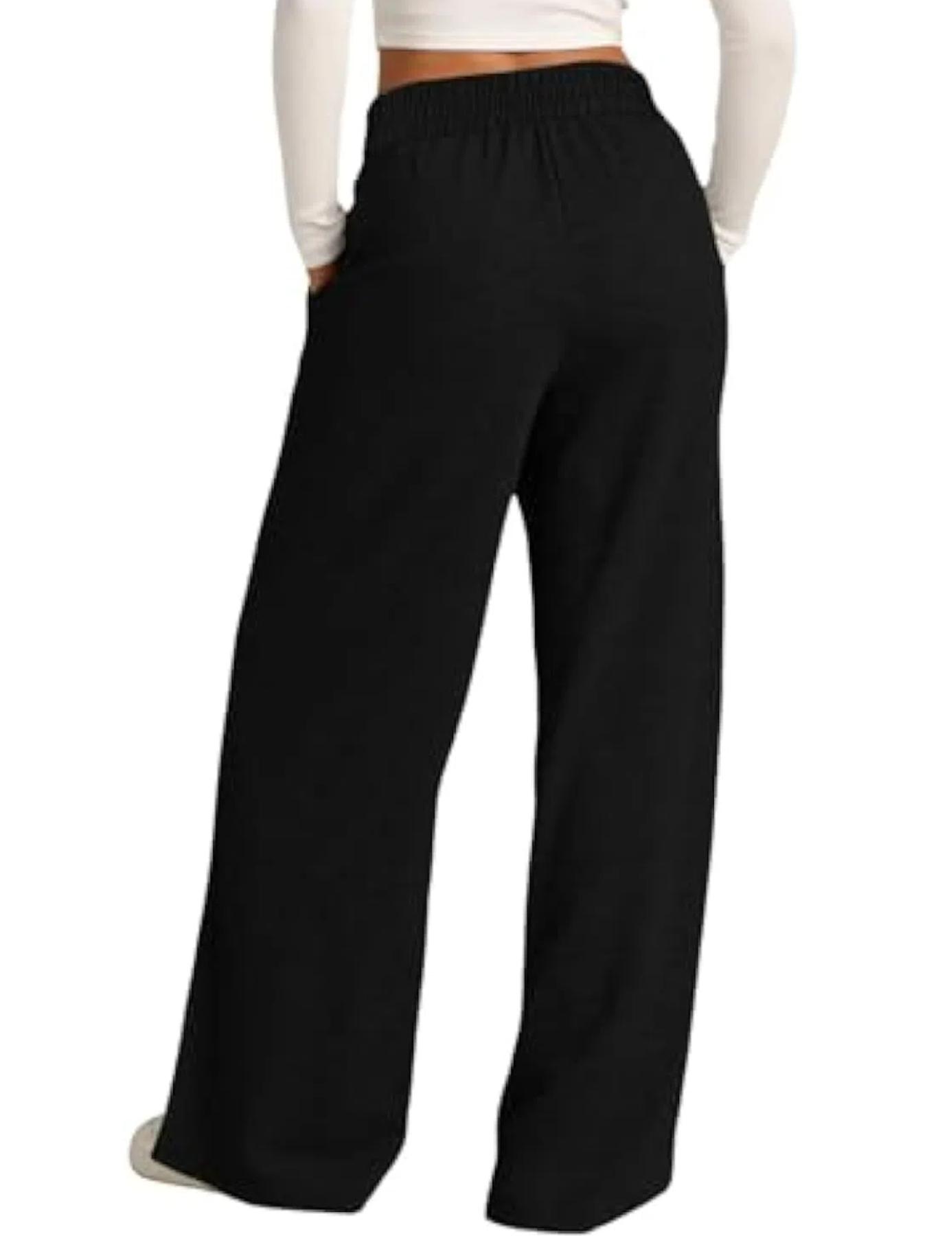 Women's Plain Drawstring High-Waisted Wide-Leg Pants, Loose Fit, Casual with Pockets, Elastic Waist, All Seasons, Daily Wear, Outerwear, Home Wear