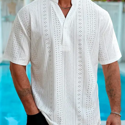 Men's Plus Size Loose Fit Casual Stand Collar Short Sleeve Shirt, Comfortable Daily Wear, Spring and Summer Versatile Top