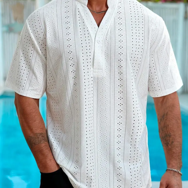 Men's Plus Size Loose Fit Casual Stand Collar Short Sleeve Shirt, Comfortable Daily Wear, Spring and Summer Versatile Top