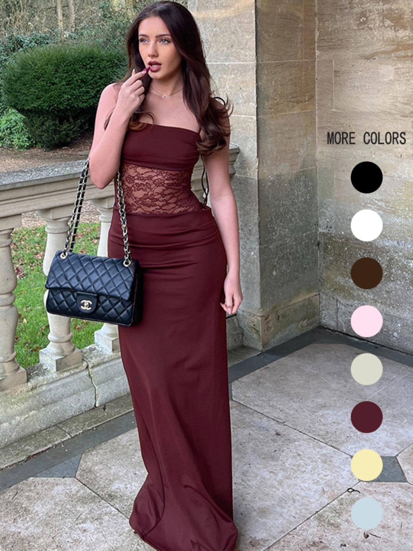 Women's Patchwork Floral Lace Tie Back Sleeveless Cami Dress, Elegant Fashion Chic Long Dress for Party Club Dating Evening Wear, Women Dress for Summer