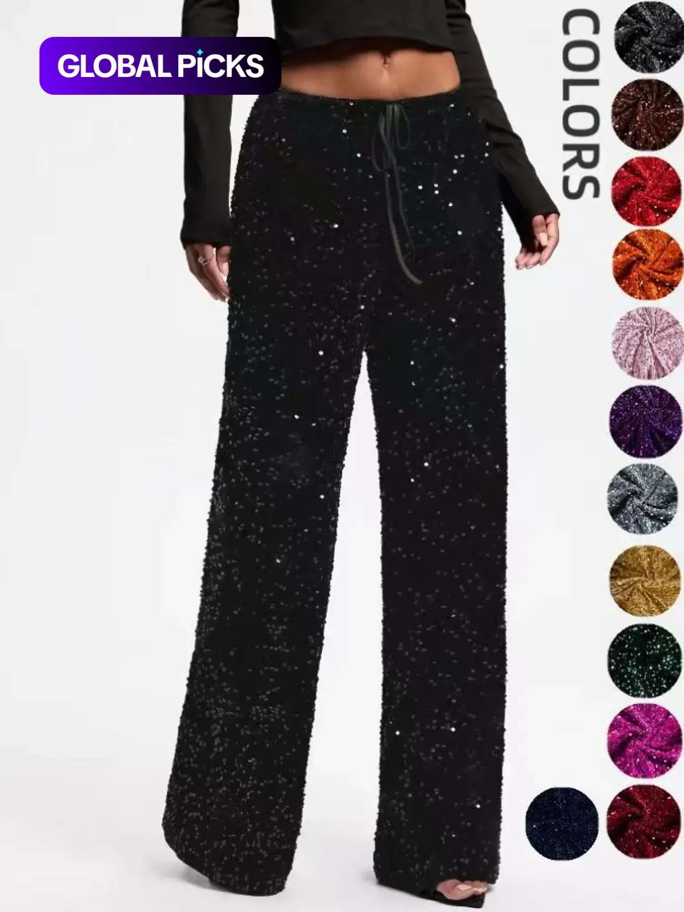 Women's Elastic Waist Butterfly Knot Sequin Pants, Elegant Fitted Long Trousers, Knit Trousers, Perfect for Night Out, Club, Concert, Music Festival #GLOBAL PICKS