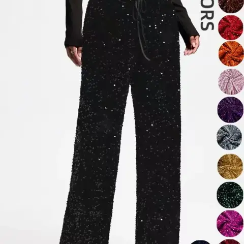 Women's Elastic Waist Butterfly Knot Sequin Pants, Elegant Fitted Long Trousers, Perfect for Night Out, Club, Concert, Music Festival #GLOBAL PICKS
