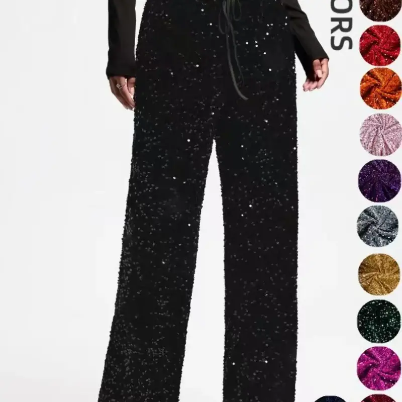 Women's Elastic Waist Butterfly Knot Sequin Pants, Elegant Fitted Long Trousers, Perfect for Night Out, Club, Concert, Music Festival #GLOBAL PICKS