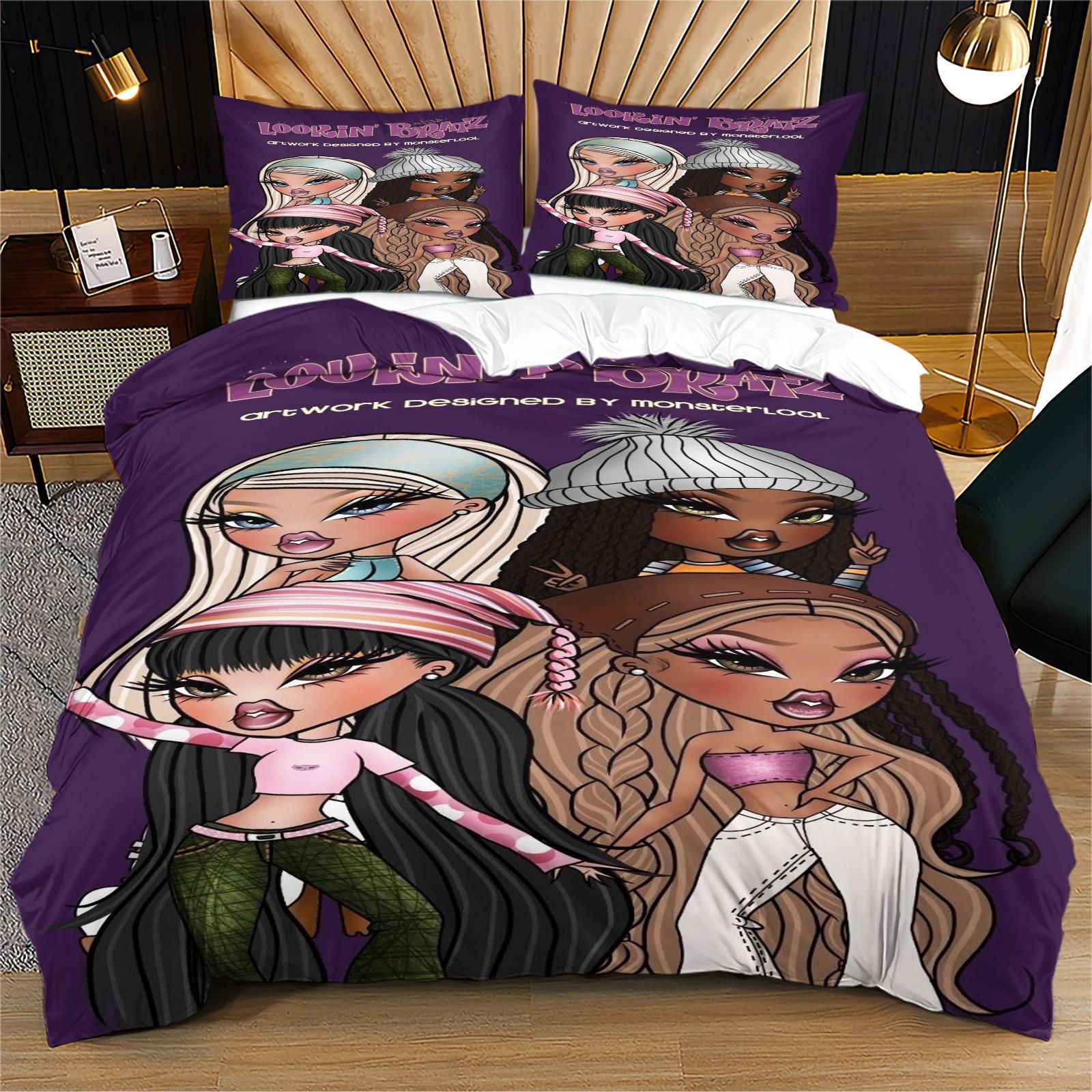 Bratz Pattern Printed Soft Durable Bedding Set, Includes 1 Fitted Sheet and 1 or 2 Pillowcases, Excluding The Core And Pillow Core, Modern Style Bedroom Decor Gift