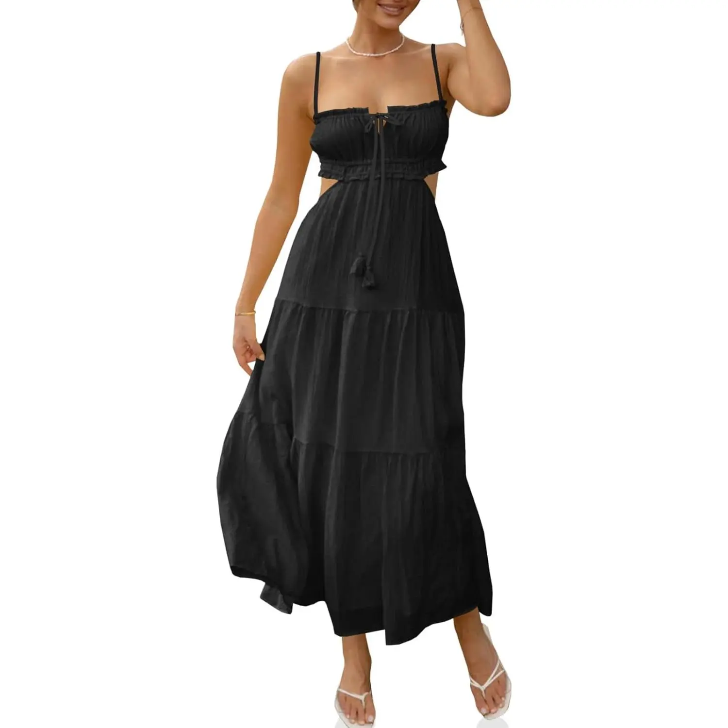 Imily Bela Women's Spaghetti Strap Backless Maxi Dress - Summer Sleeveless Casual Boho Flowy Long Dress with Side Cutouts