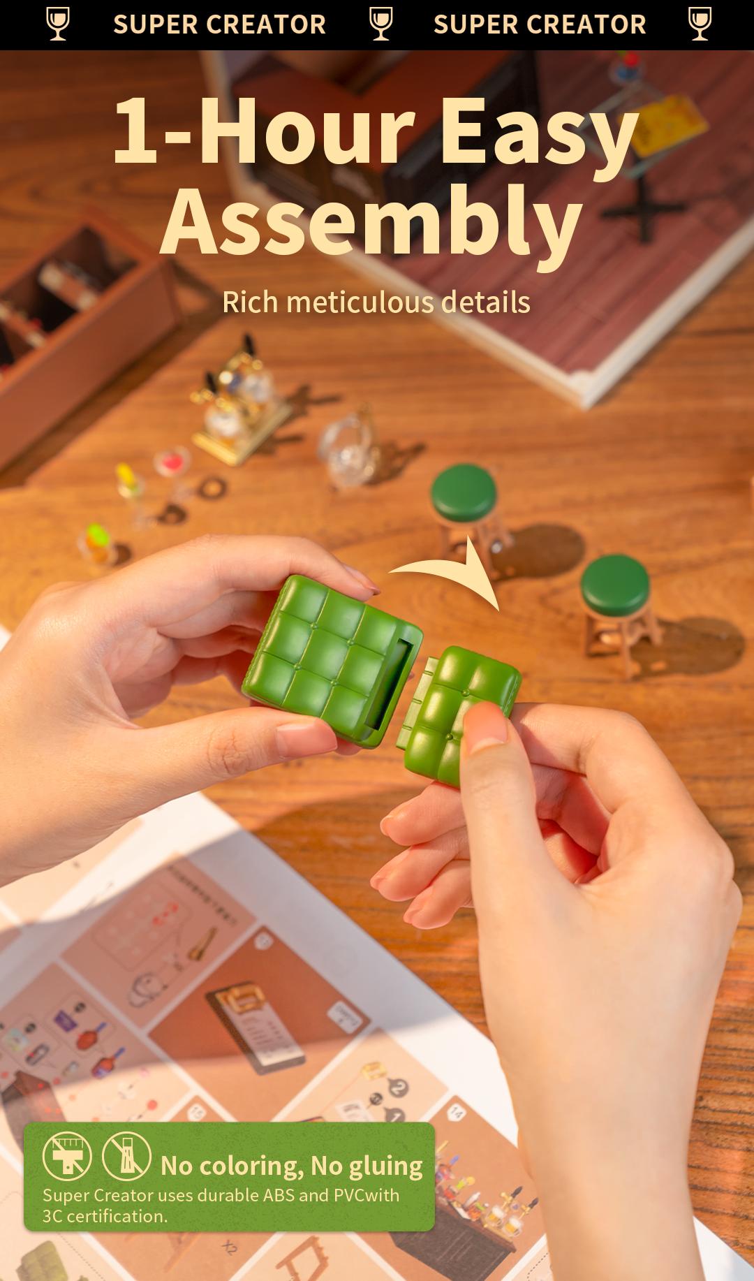 Rolife Leisurely Cheers Bar DIY Plastic Miniature House DW012 Miniature House Kit DIY Plastic House Building Toy Set with LED Tiny Store Making Kit Model Craft Hobby Unique Gift