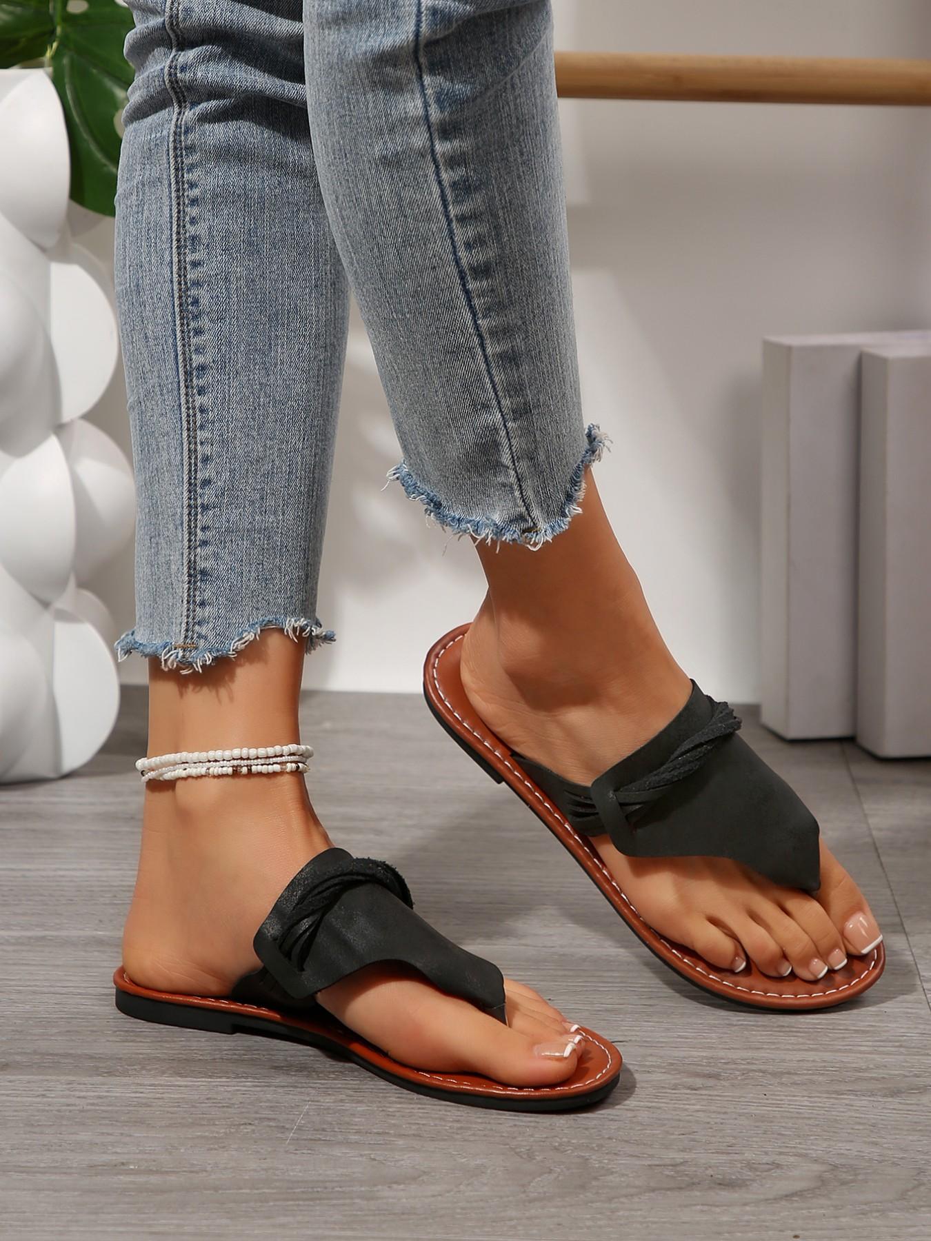 Large Size 36-44 Folded Strap Sandals, Flat Flip Flops, Multi-Color, Comfortable PU Sole, Ideal for Daily Wear, Beach, Shopping