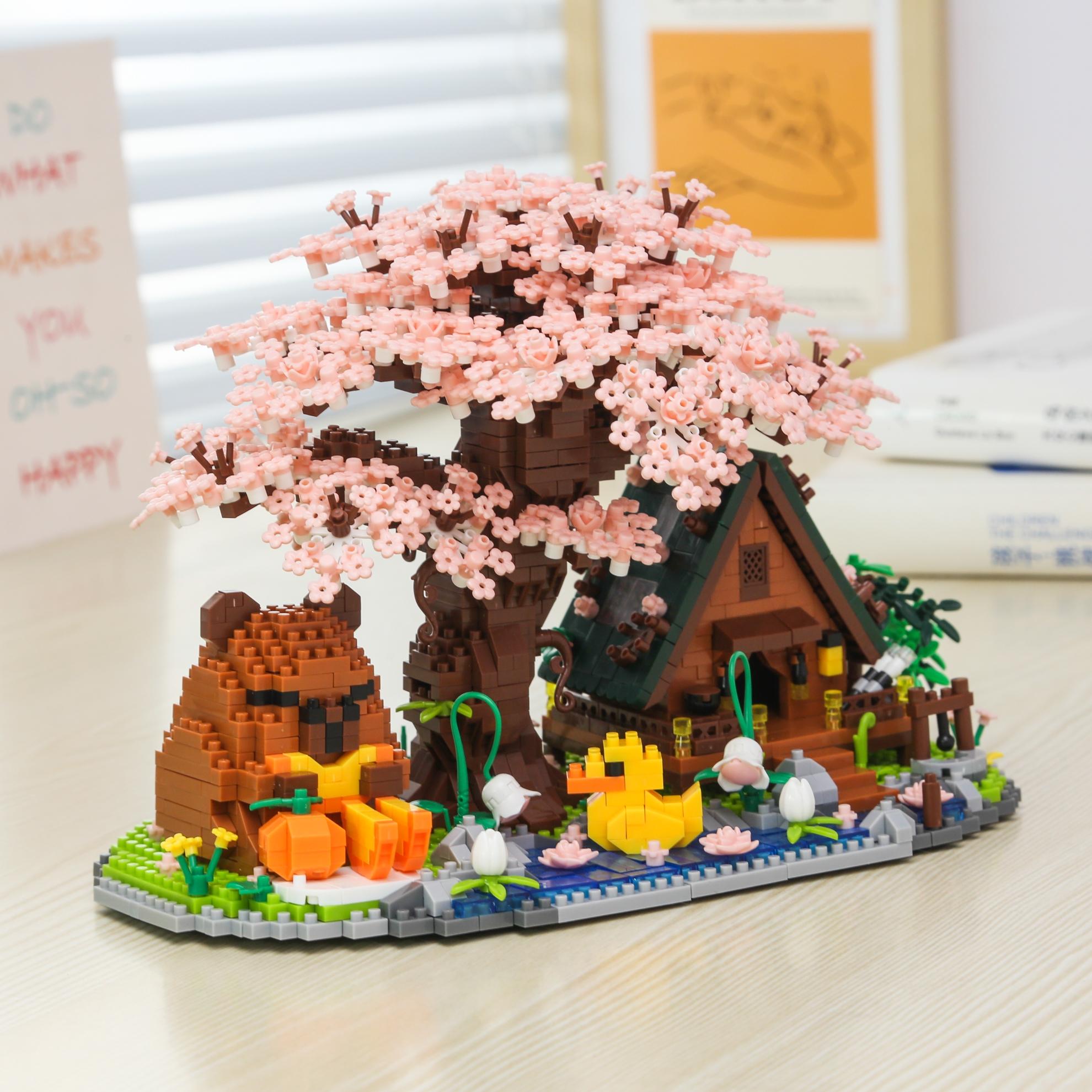 Sakura Tree House Building Blocks Set, Capybara Bricks Kit, Cute Micro Particles Model, Creative DIY Landscape Suite, Home Decor Gift