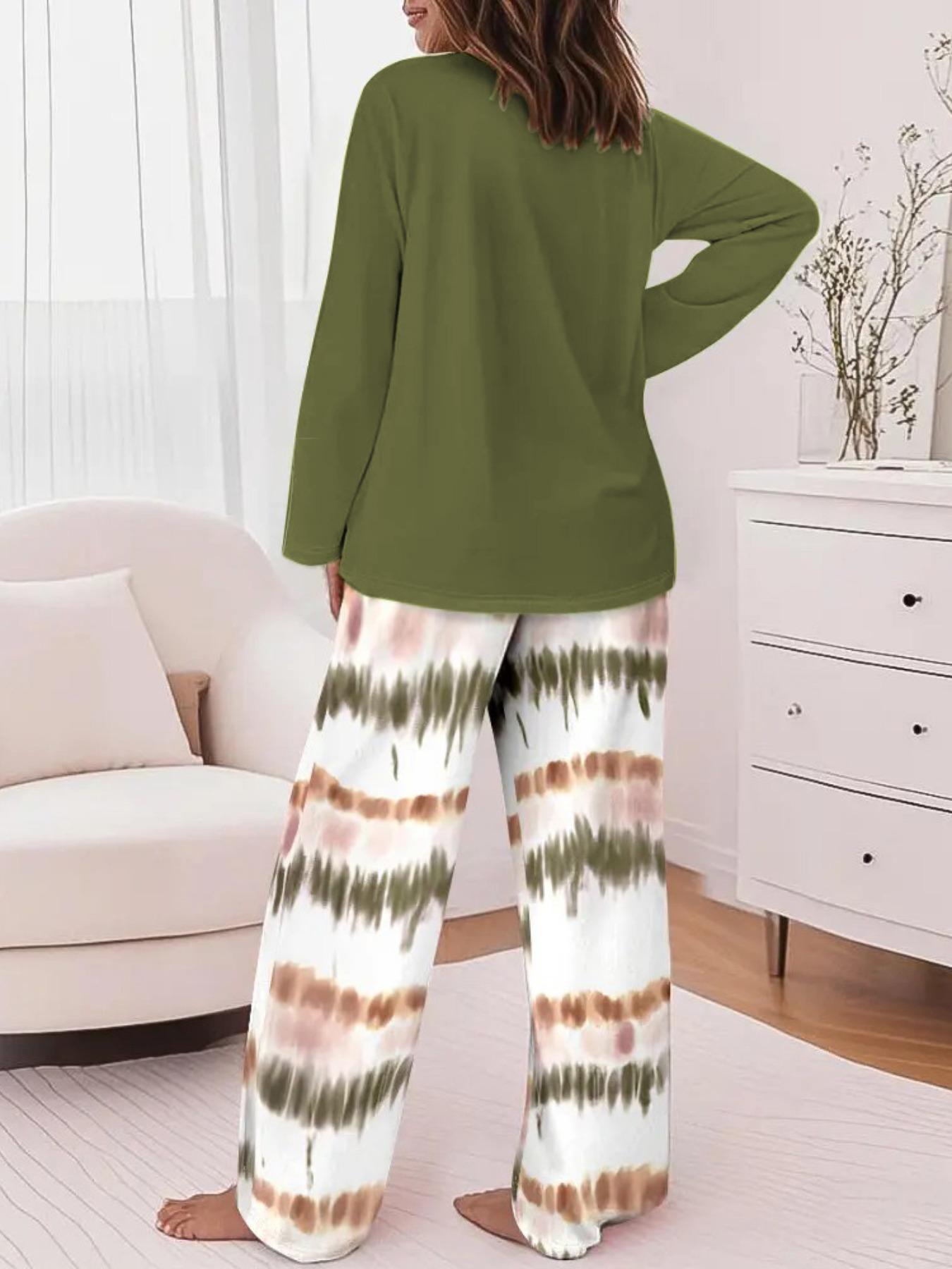 Women's Casual Printed Round Neck Long Sleeve Top & Gradient Print Pants Set, Soft Comfortable Home Wear Loungewear, All Seasons Fitted