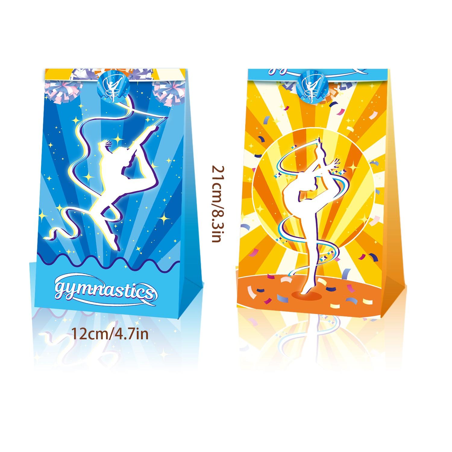 12 Gymnastics Party Paper Bags+12 Gymnastics Stickers, Cartoon Gymnastics Paper Bags Suitable for Gymnastics Parties, Sports Parties