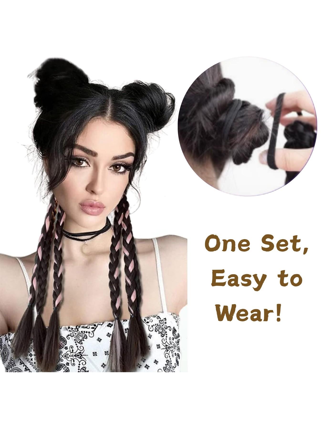 2 Pcs Synthetic Hair Ponytail Braids, Colorful Punchy Braid Design, Low Maintenance Twin Tail Hairstyle, Long Twisted Bun Style